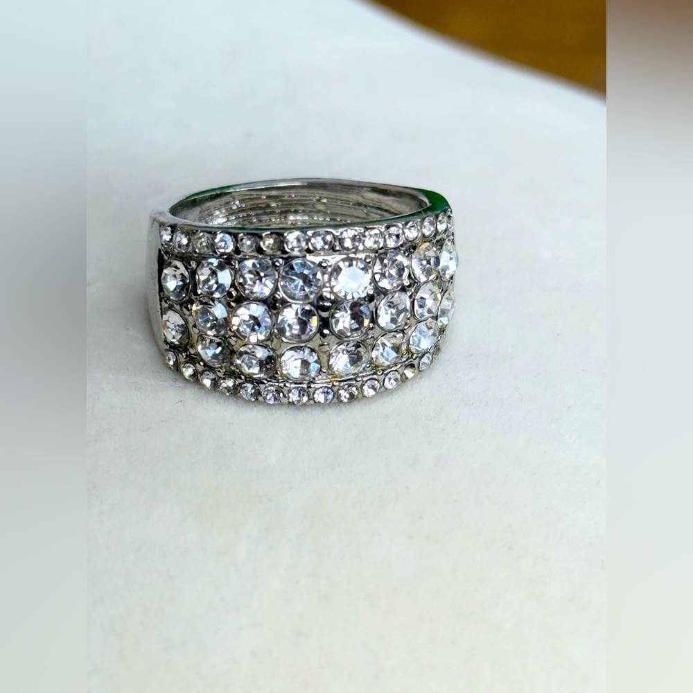 Bold Pave CZ Band Ring – Silver Tone Statement Bling – Size 11.5 Cocktail Ring